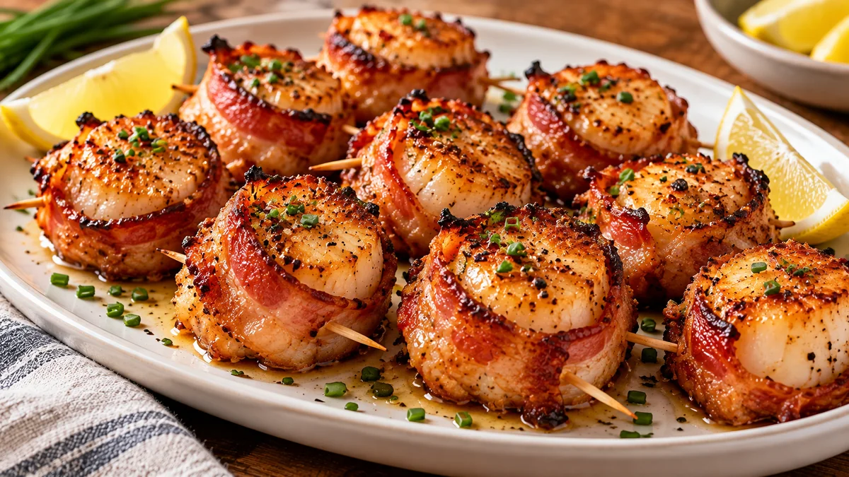 Air fryer bacon-wrapped scallops on toothpicks
