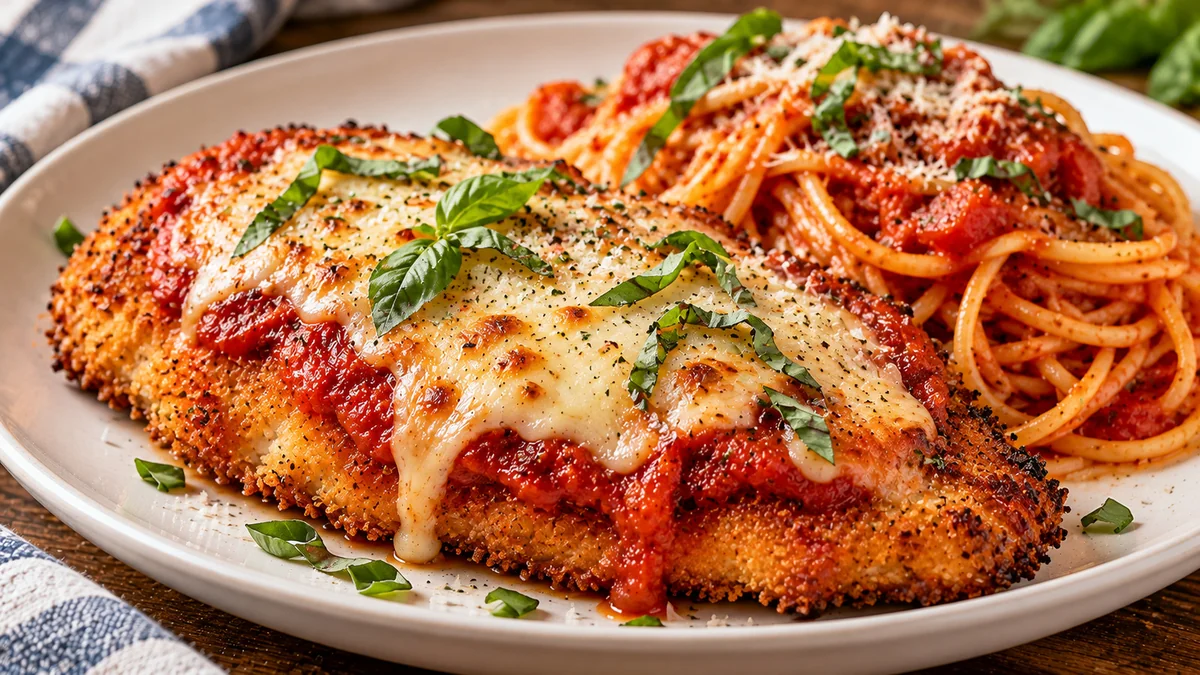 Air fryer chicken parmesan with marinara and melted mozzarella over spaghetti