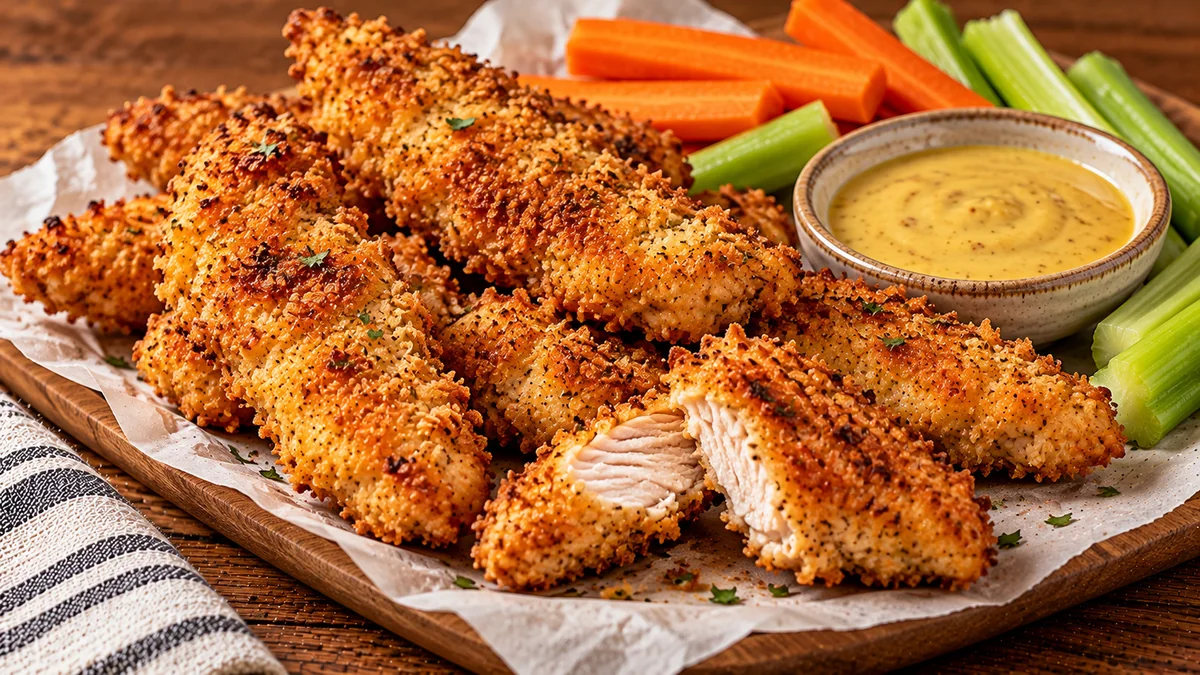 Golden panko-crusted air fryer chicken tenders with honey mustard sauce