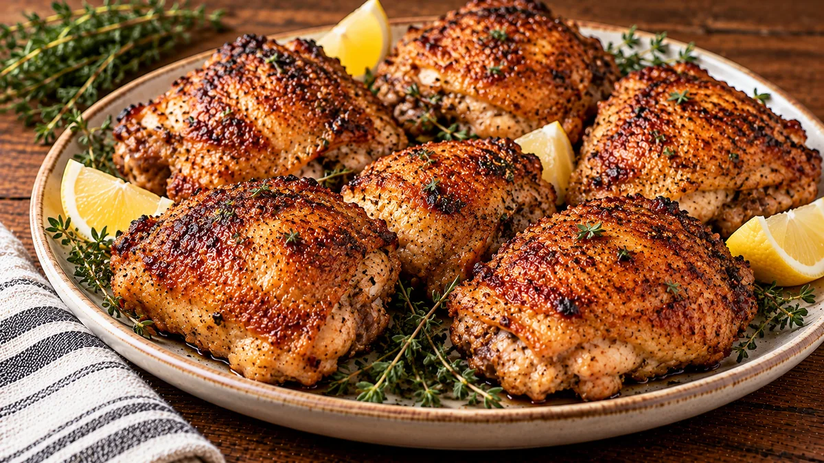 Crispy air fryer chicken thighs with golden skin on a platter