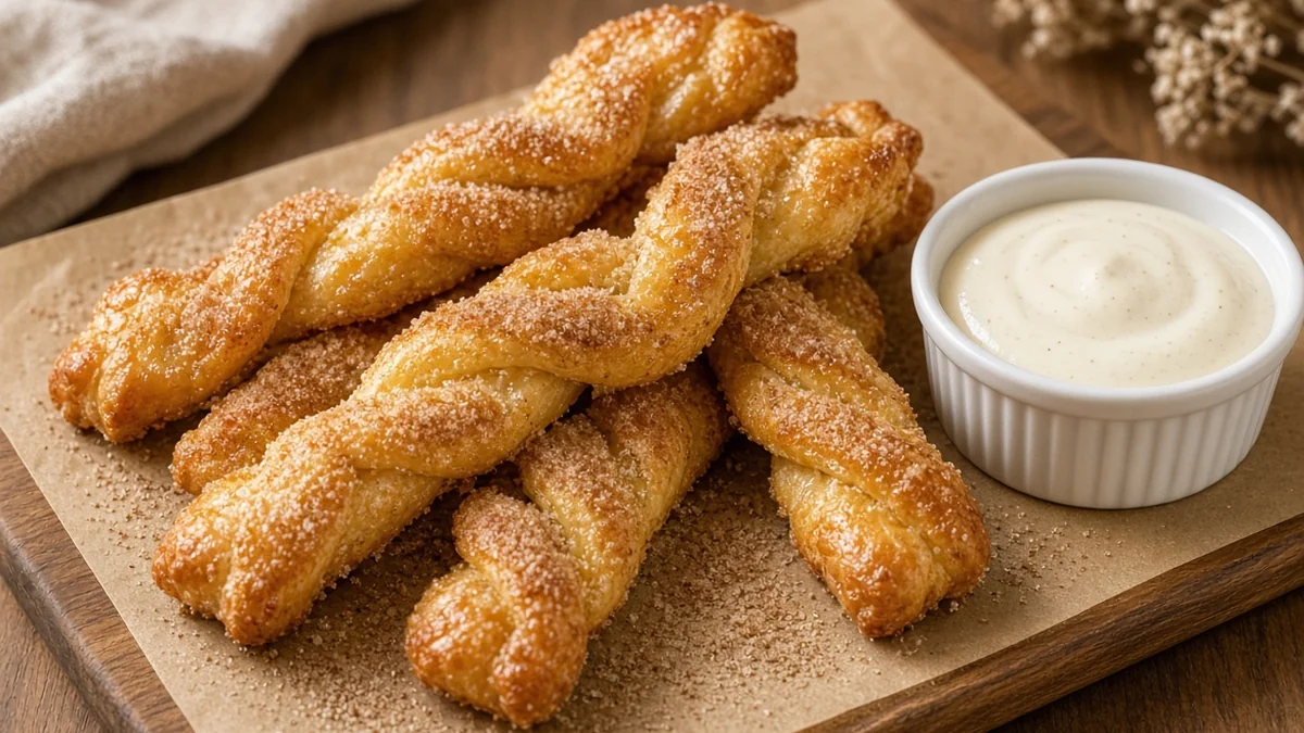 Golden air fryer cinnamon twists coated in cinnamon sugar with a cup of vanilla dip