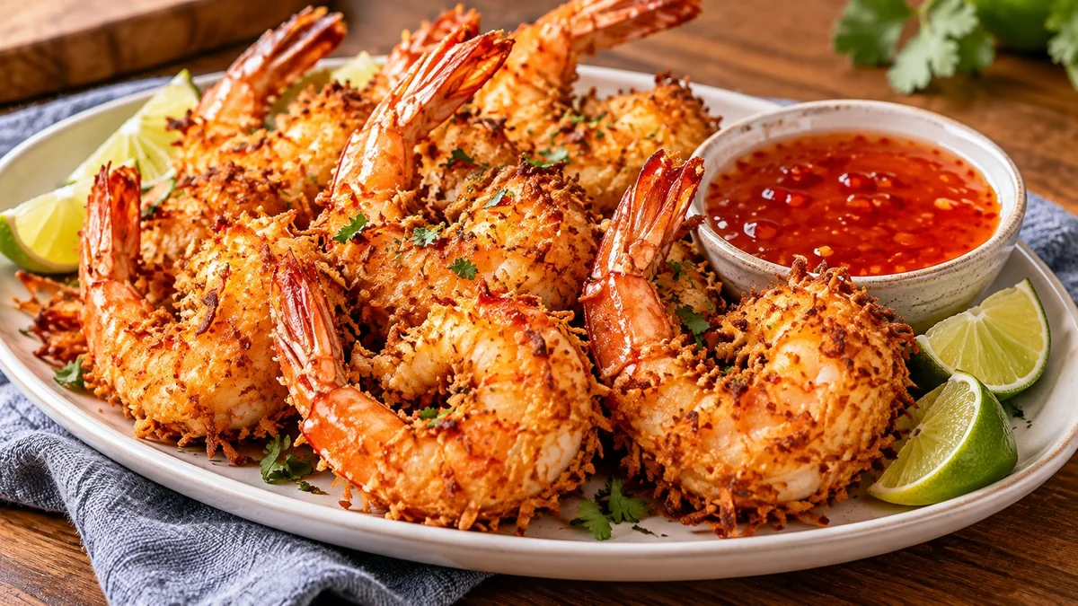 Golden air fryer coconut shrimp with sweet chili dipping sauce