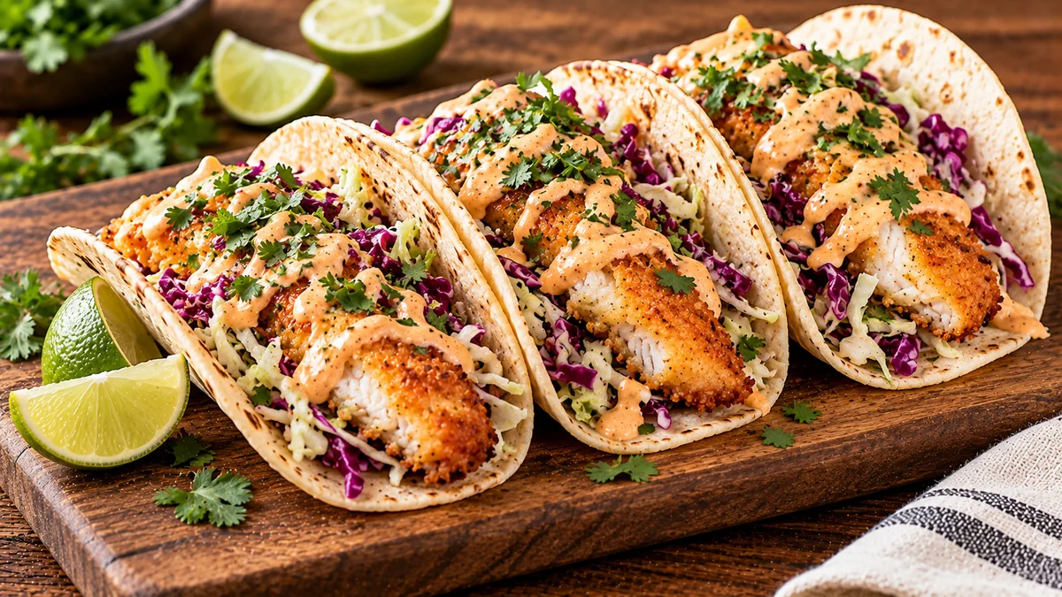 Air fryer fish tacos with crispy cod, cabbage slaw and chipotle crema