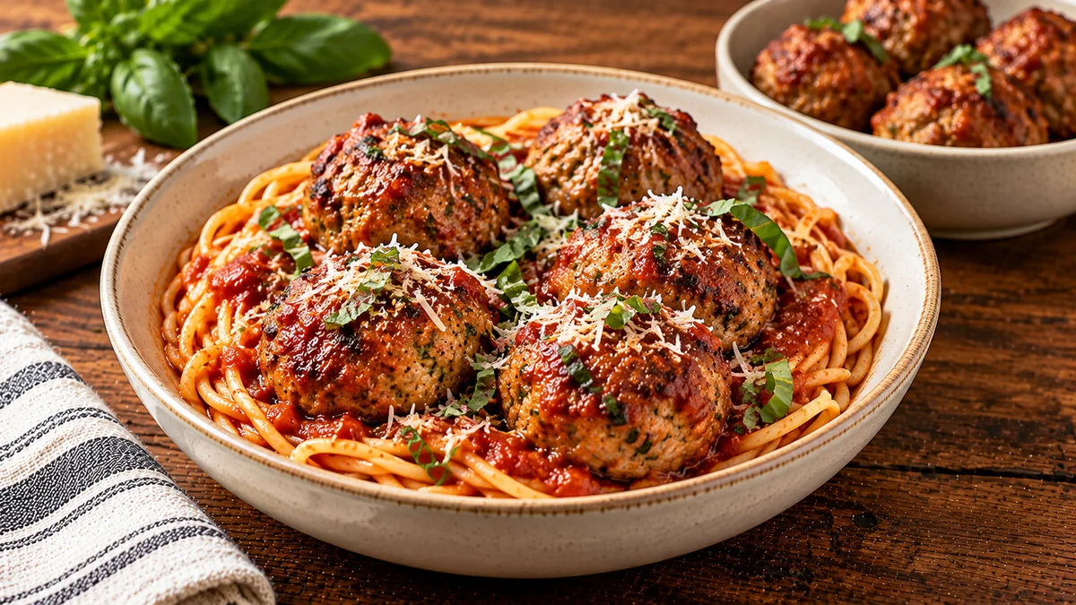 Browned air fryer meatballs in marinara sauce with spaghetti