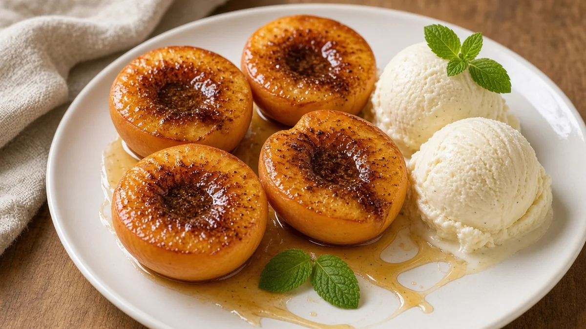 Caramelized air fryer peach halves with vanilla ice cream and honey