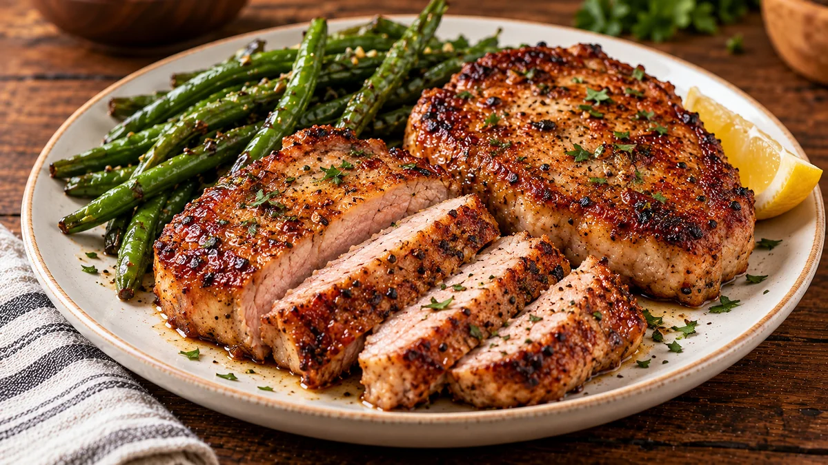 Air fryer pork chops with a browned paprika crust on a plate