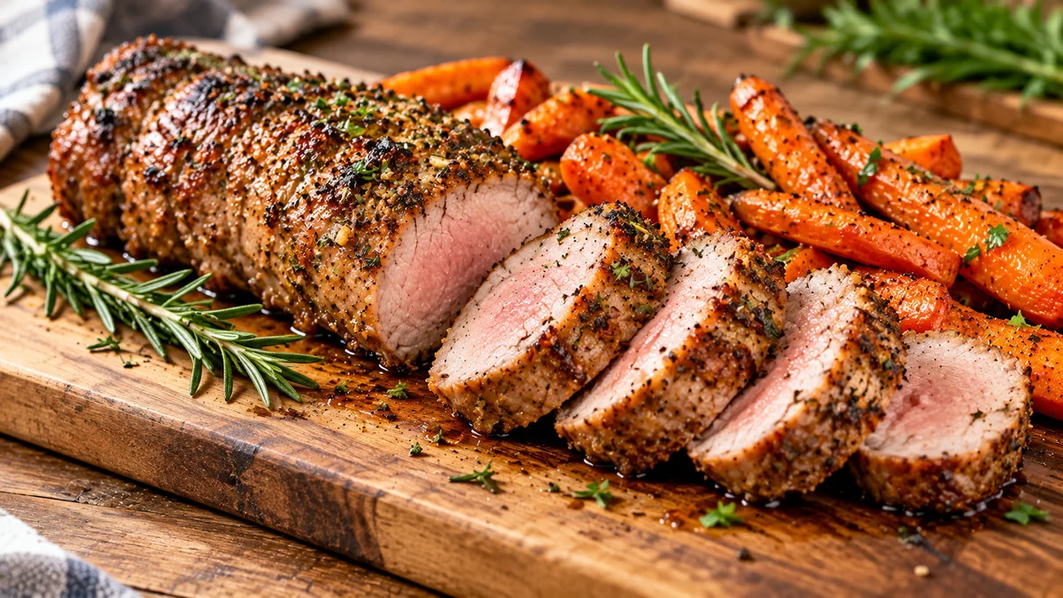 Sliced air fryer pork tenderloin with a browned herb crust