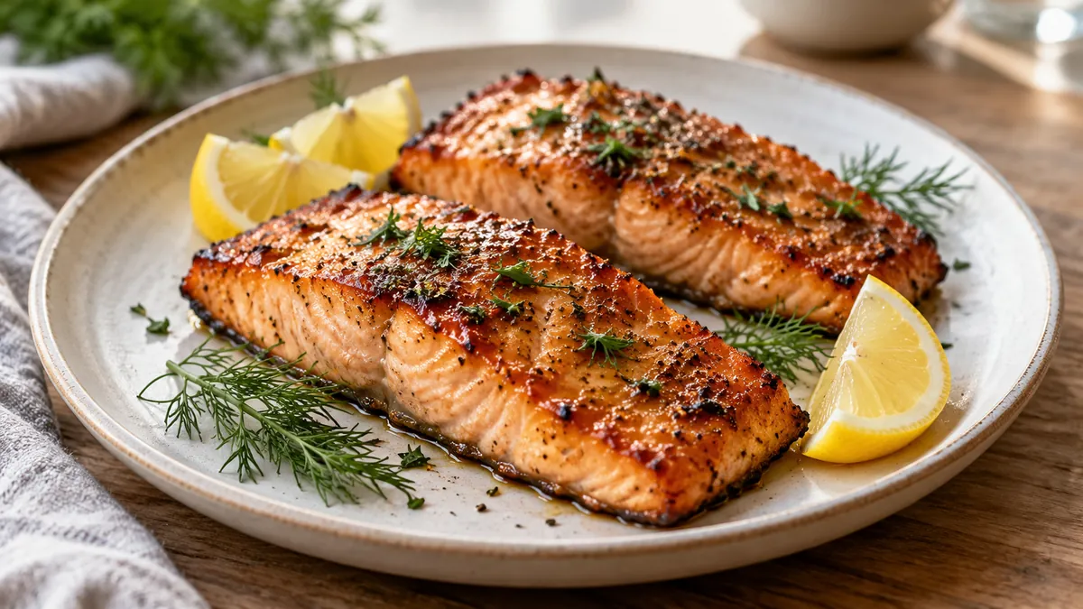 Two glazed air fryer salmon fillets with lemon wedges and dill on a plate
