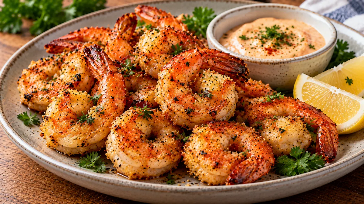 Plate of crispy seasoned air fryer shrimp with lemon and dipping sauce