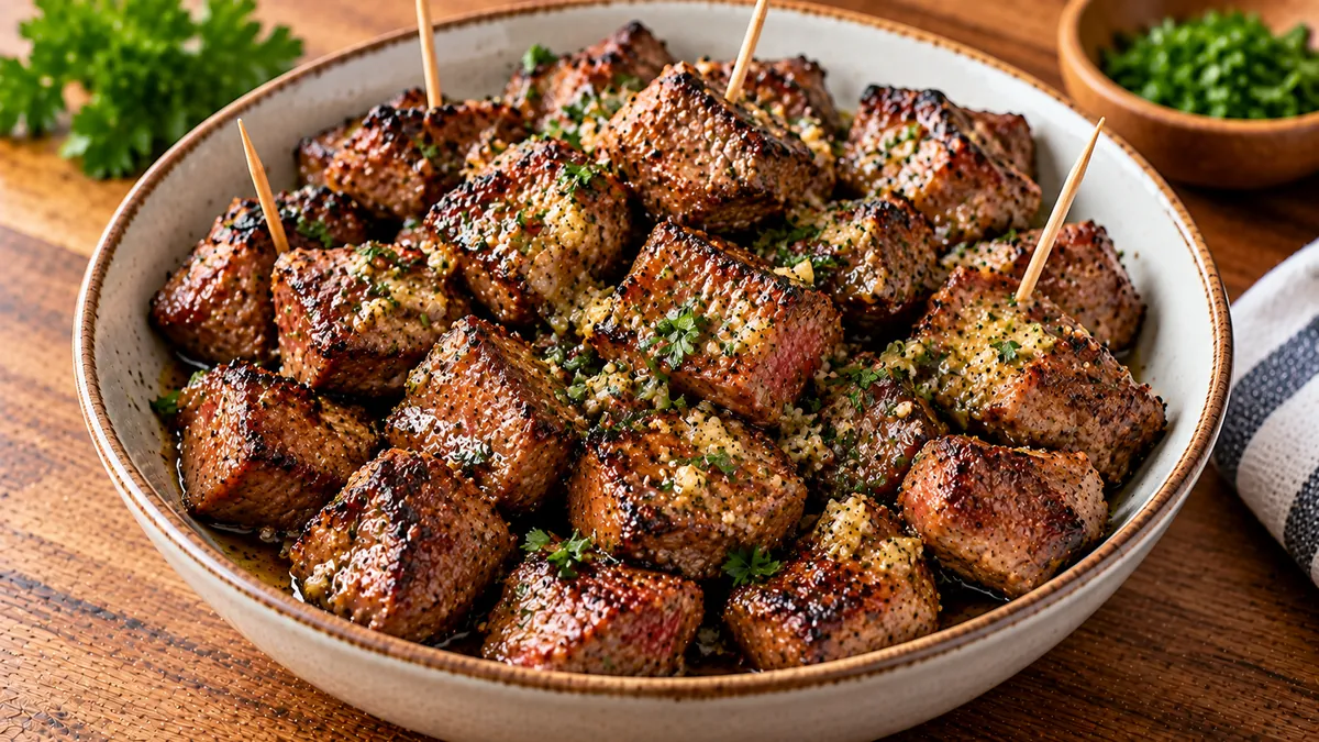 Bowl of browned garlic butter steak bites with parsley and toothpicks