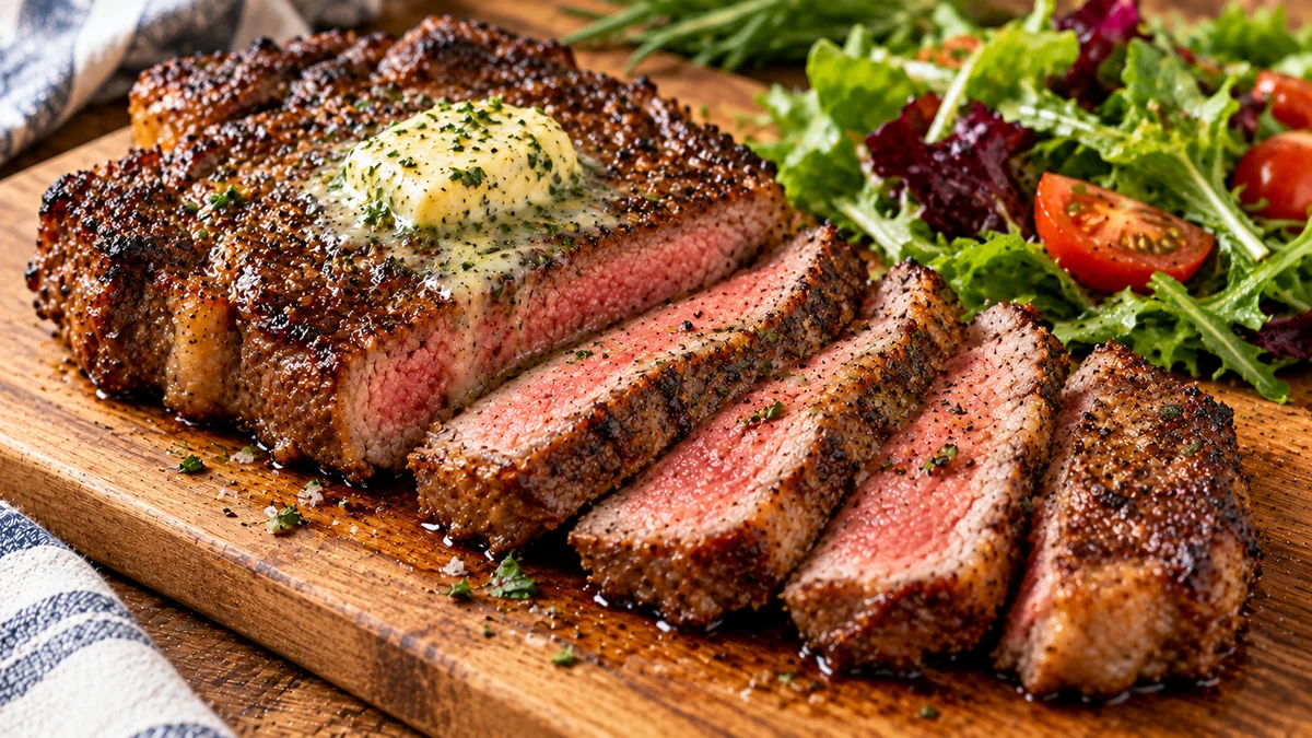 Sliced air fryer steak with garlic herb butter