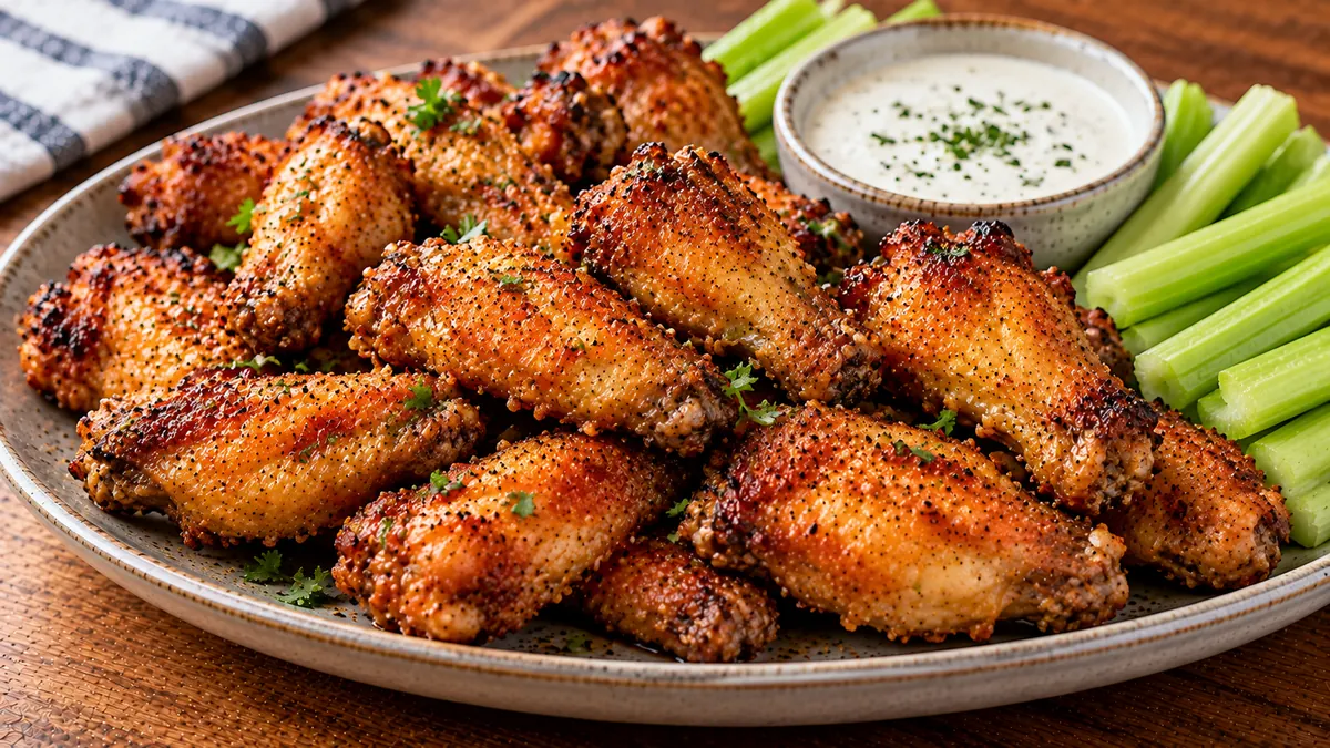 Platter of crispy air fryer chicken wings with ranch dressing and celery sticks