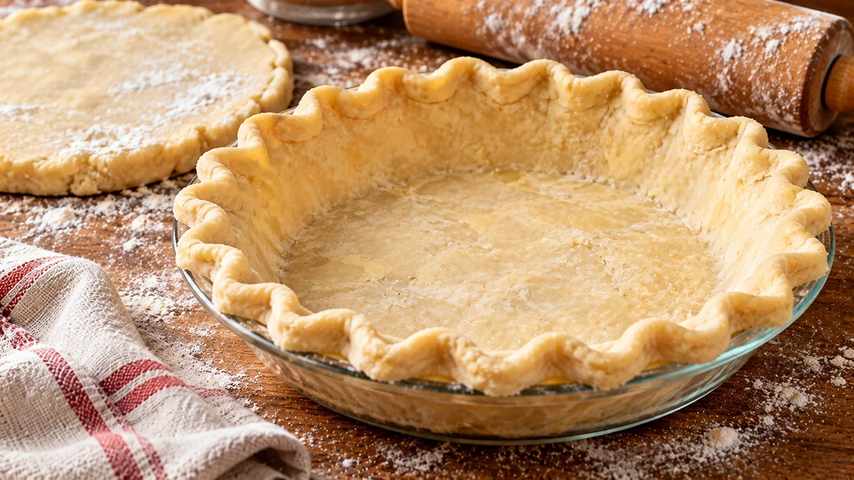 Disk of homemade pie dough and a rolled crust in a pie plate