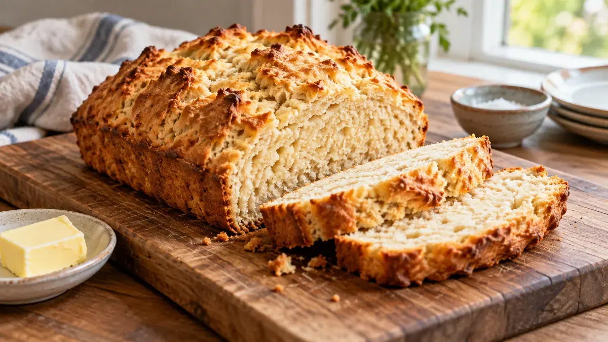 Rustic golden beer bread loaf partly sliced on a wooden board with butter