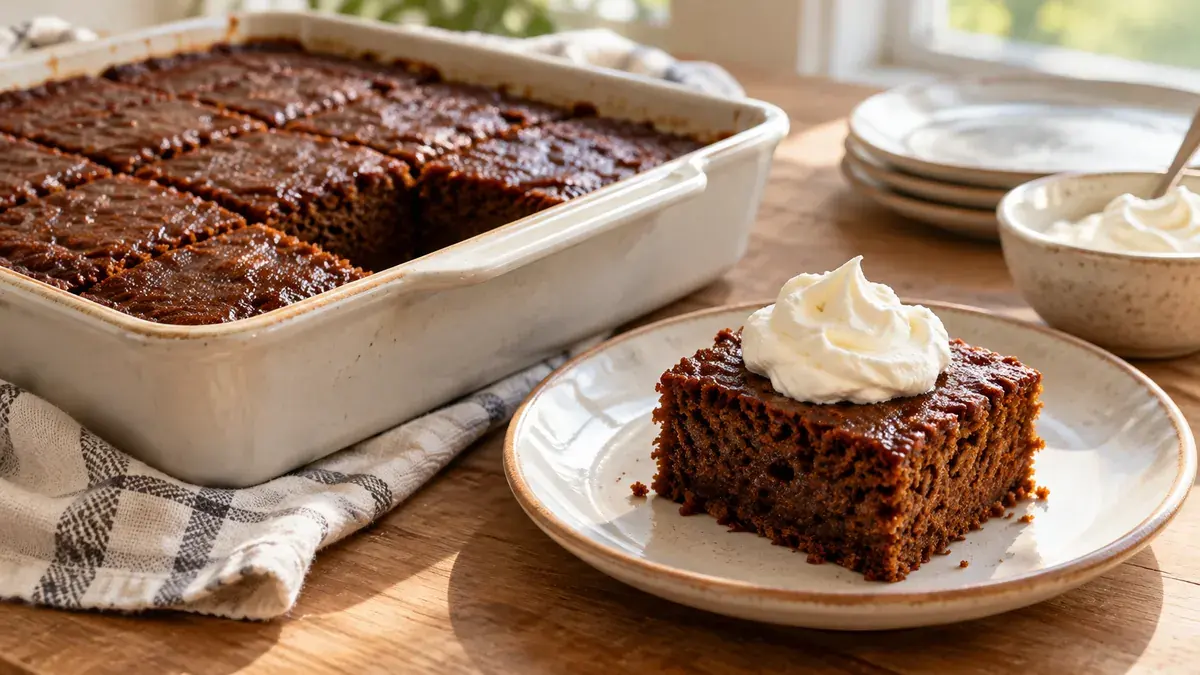 Squares of dark gingerbread in a pan, one served with whipped topping
