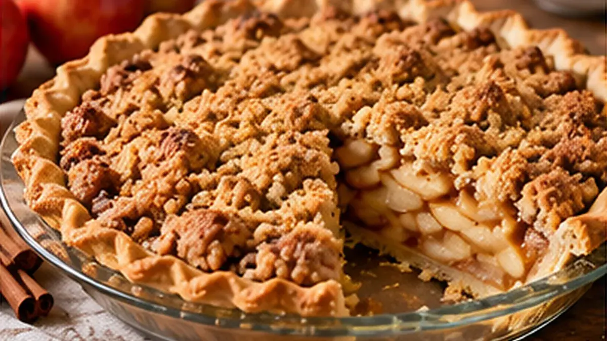 Apple crumb pie with a golden crumb topping, a slice cut showing apples