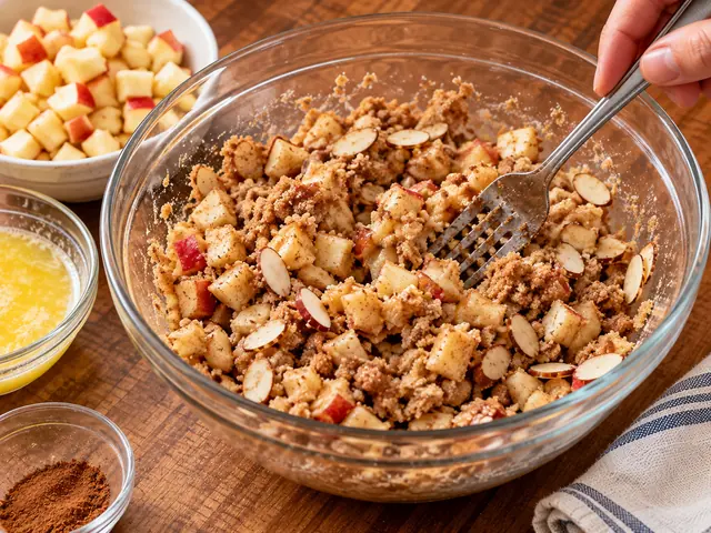 A glass bowl of apple streusel being stirred with a fork: light brown sugar, diced apple, sliced almonds and cinnamon with melted butter, a small dish of diced apple beside it