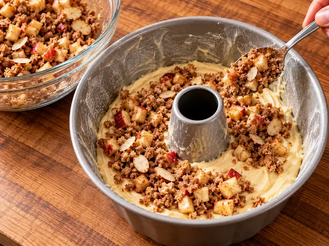 A greased tube pan half filled with pale cake batter, a spoon sprinkling apple and brown sugar streusel over the batter, a bowl of streusel nearby