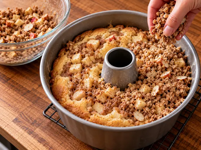 A partly baked cake in a tube pan just out of the oven with the remaining crumbly apple streusel being sprinkled over the top