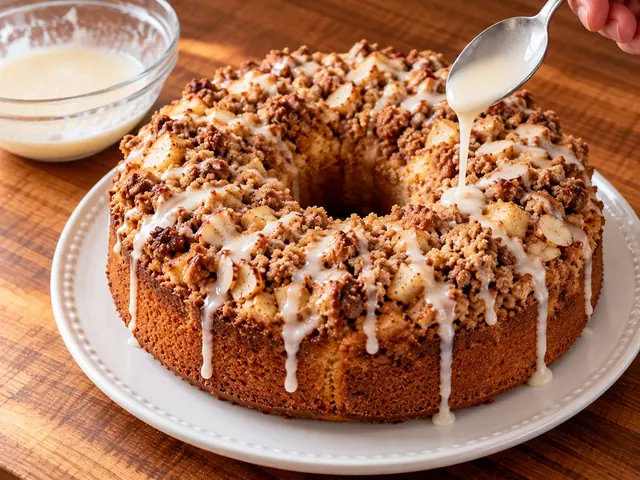 Thin white orange glaze being drizzled from a spoon over the streusel top of an apple coffee cake on a serving plate