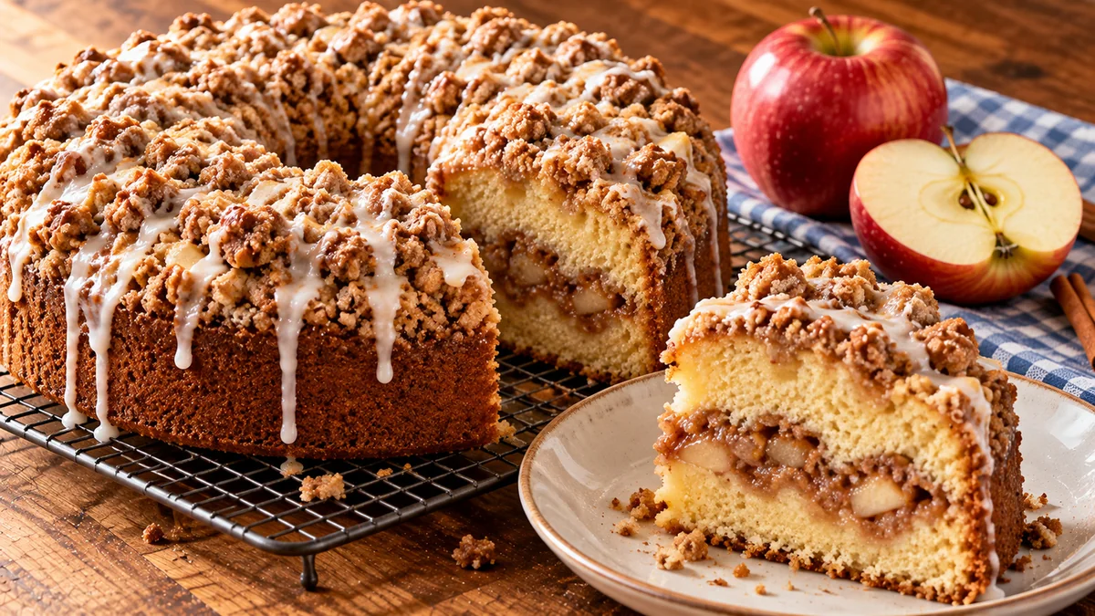 Apple streusel coffee cake with white glaze drizzle, one slice on a plate beside fresh apples