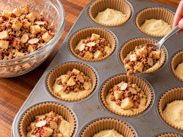A muffin tin lined with paper cups half filled with pale batter, a spoon adding a little apple cinnamon streusel to each cup, a bowl of streusel beside the tin