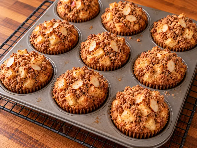 A muffin tin of freshly baked apple streusel cupcakes with golden crumbly tops just out of the oven, cooling on a rack