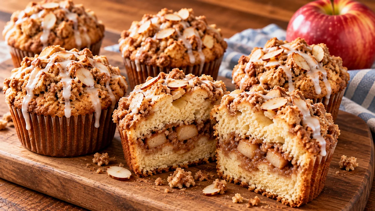 Apple streusel cupcakes with crumbly brown sugar topping and a drizzle of glaze