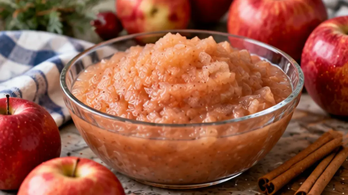 Glass bowl of homemade pink applesauce with red apples and cinnamon sticks