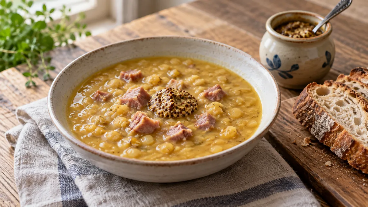 Bowl of yellow pea soup with pork and a spoonful of mustard, with bread