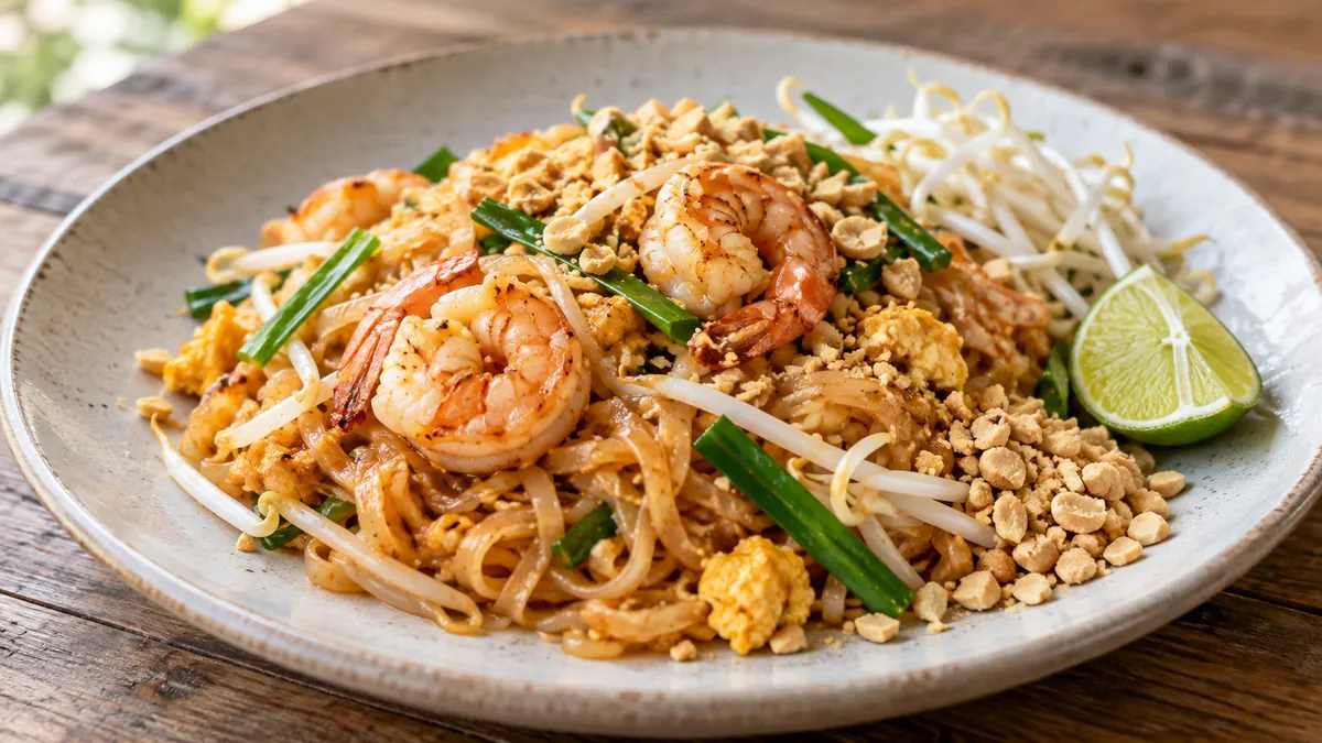 Plate of shrimp pad thai with bean sprouts, peanuts, green onions and lime