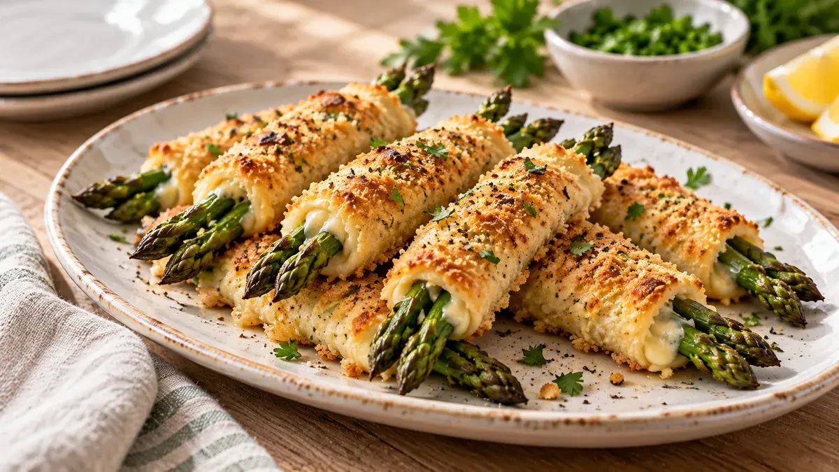 Golden baked bread roll-ups with asparagus tips at each end on a platter