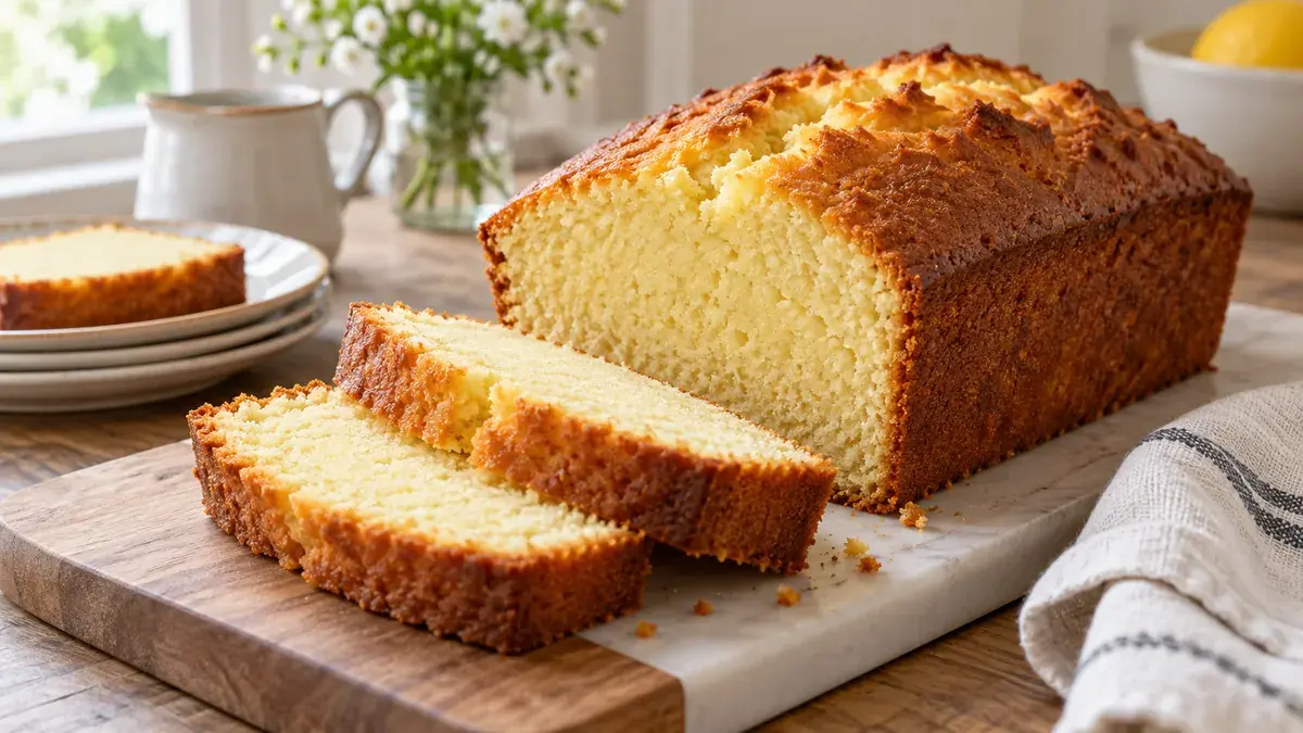 Golden pound cake loaf partly sliced on a board