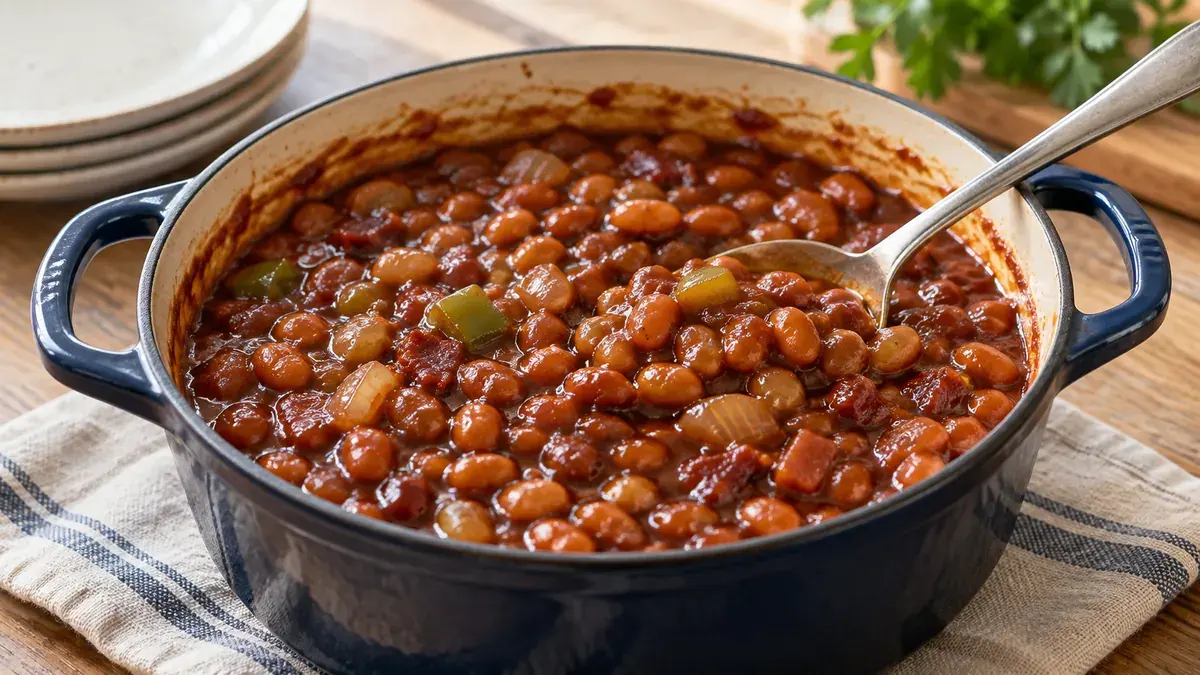 Pot of baked beans with onion and green pepper, a spoon resting inside