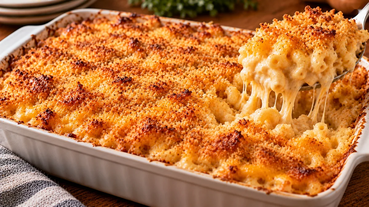 Baked macaroni and cheese with a golden crumb topping