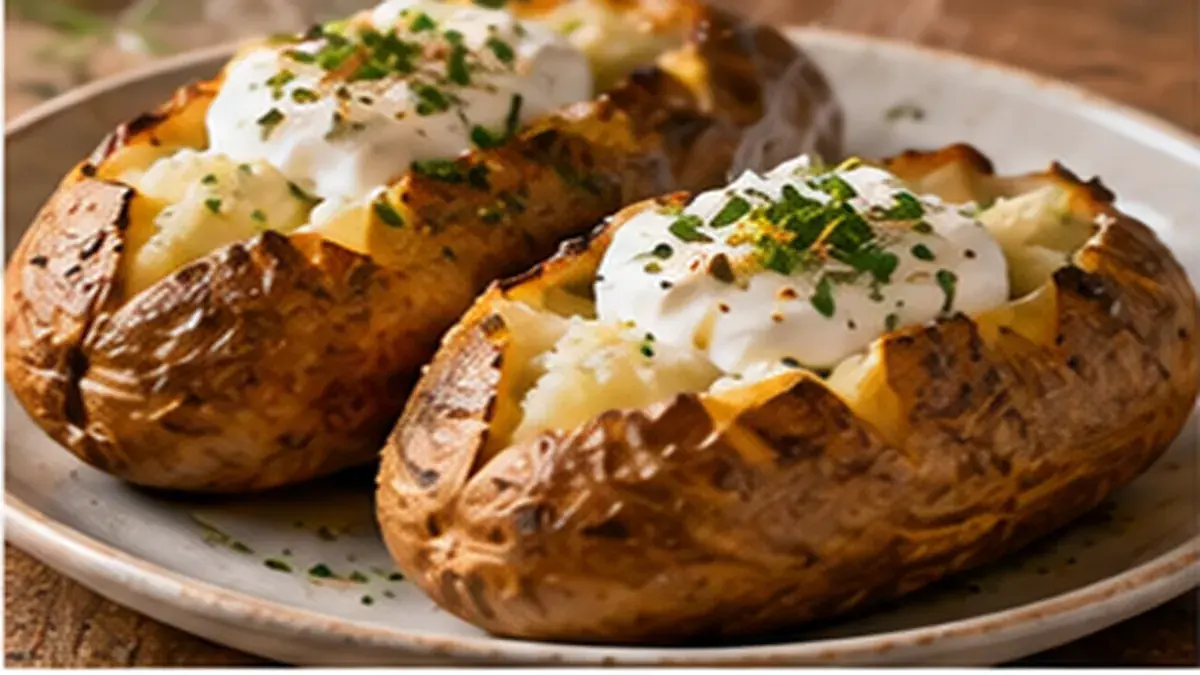 Two baked potatoes split open with sour cream and chives