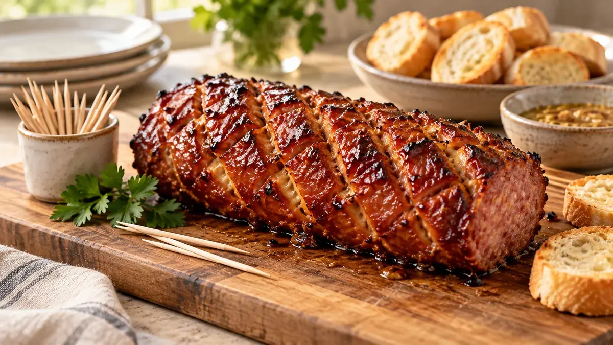 Whole baked salami scored and glazed on a cutting board with toothpicks and toasted bread rounds