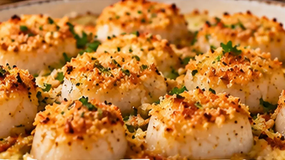 Baked scallops under a golden buttery cracker crumb and garlic topping
