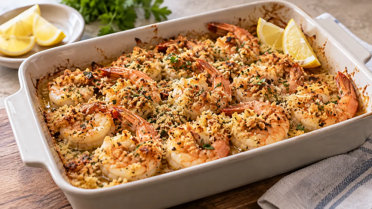 Baking dish of shrimp under golden garlic Parmesan crumbs with lemon wedges