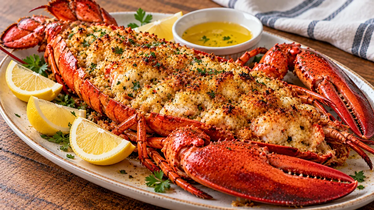 Baked stuffed lobster with golden cracker-crumb stuffing, lemon and drawn butter