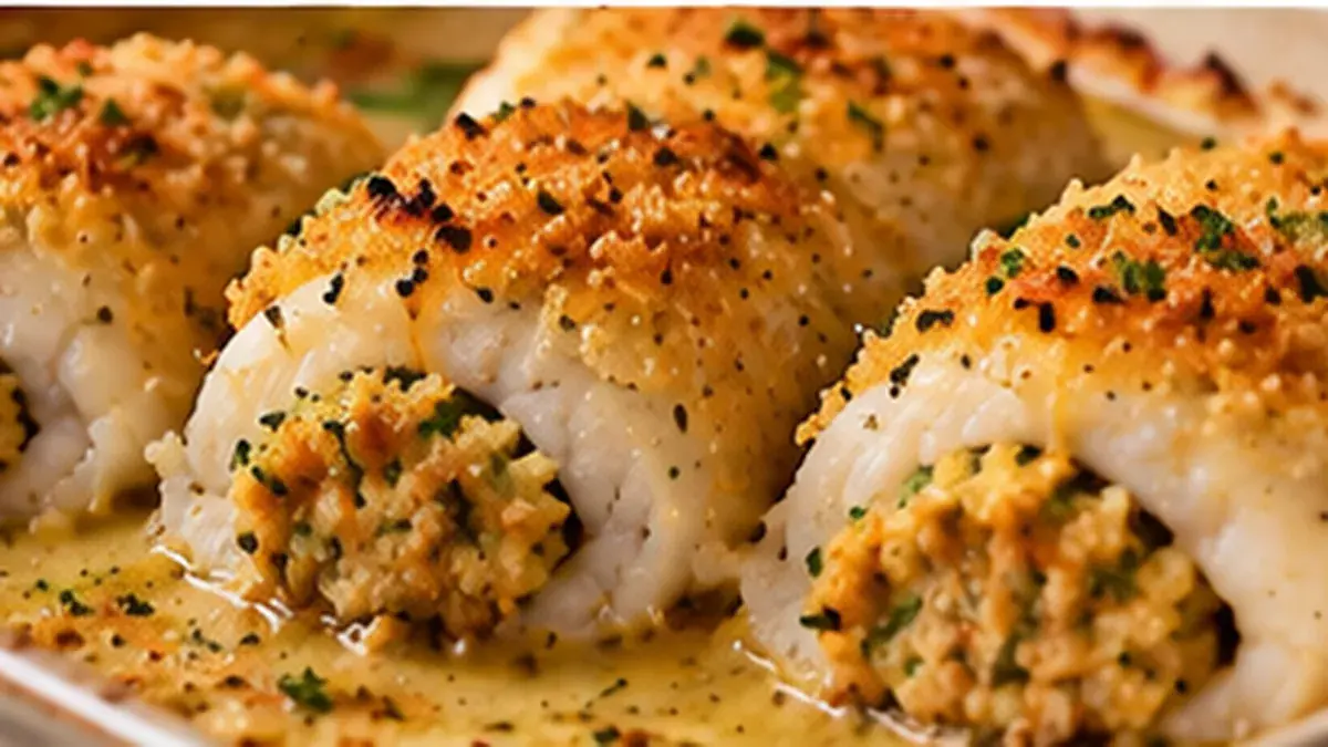 Fillets of sole rolled around a cracker crumb and Cheddar stuffing, baked with butter