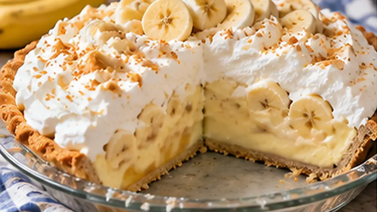 Banana cream pie with sliced bananas and whipped cream, one slice cut out