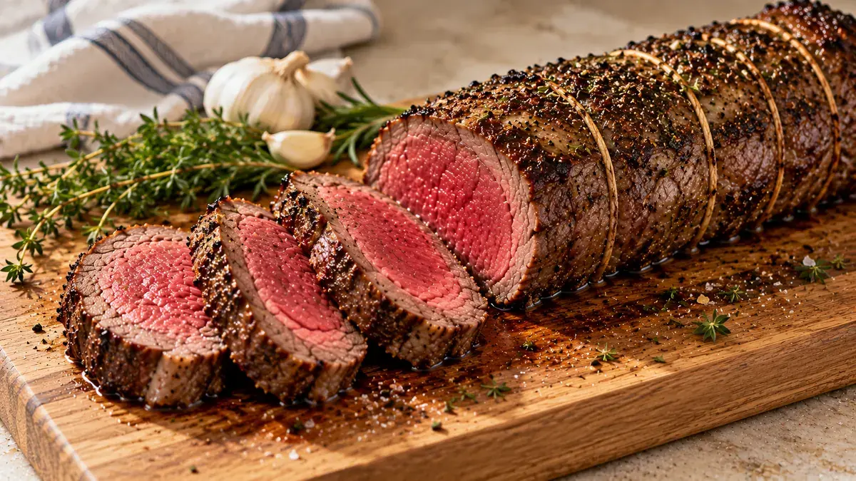 Whole tied beef tenderloin on a cutting board, one end sliced into rare medallions