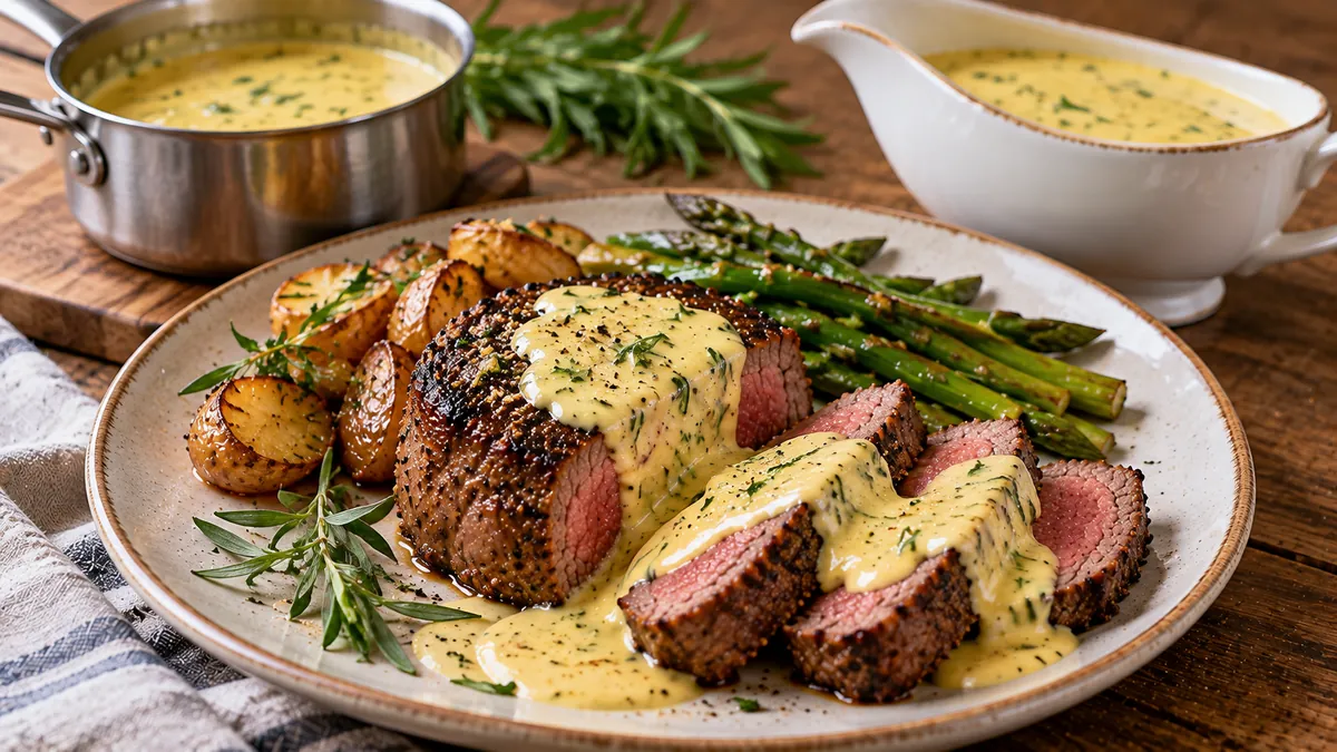 Sliced filet mignon topped with bearnaise sauce, with a sauce boat and asparagus