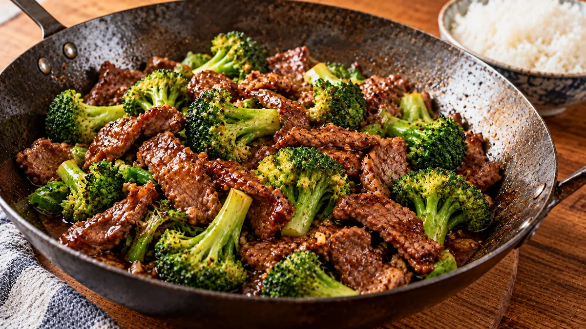 Wok of beef and broccoli in a glossy brown sauce with rice