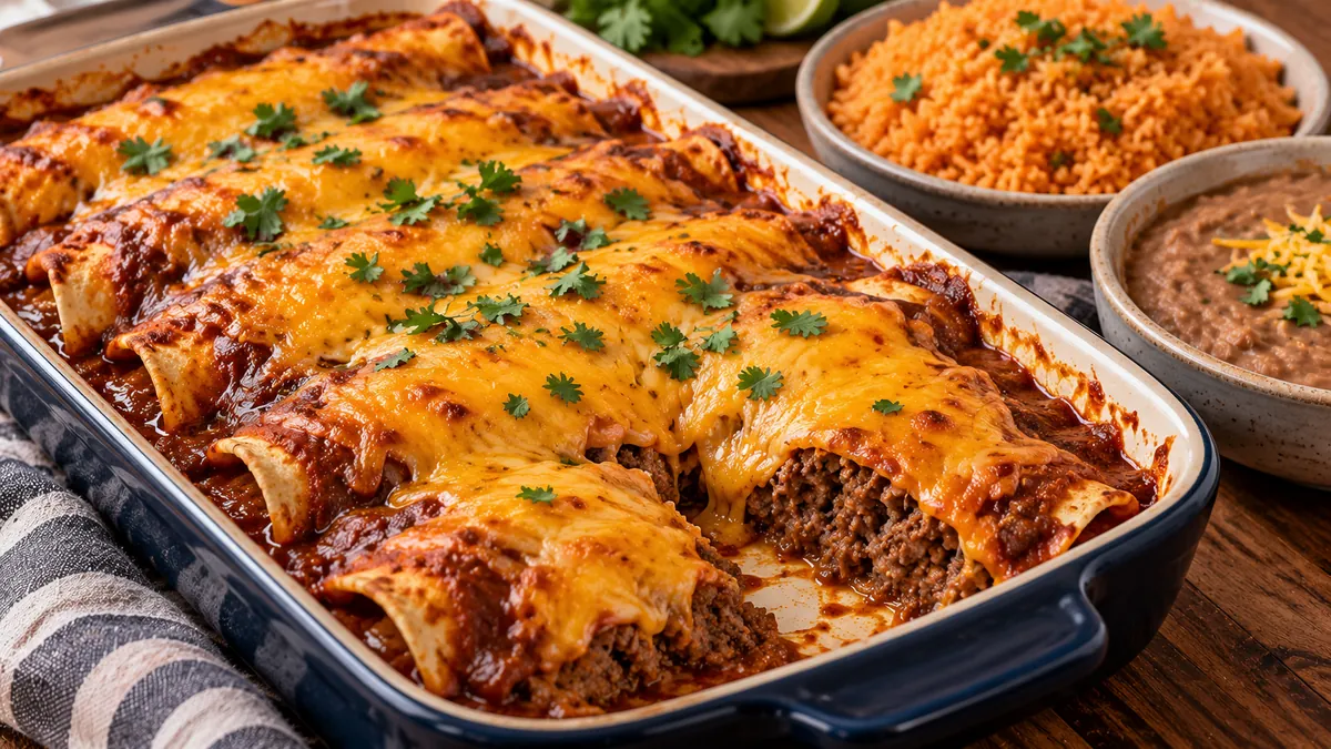 Beef enchiladas in chili gravy with melted Cheddar and onion, one cut open, with rice and beans