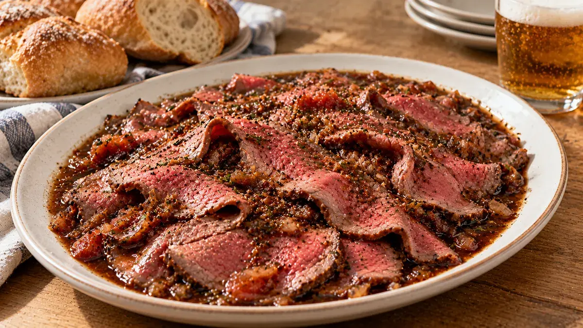 Thin slices of rare roast beef in a dark wine and tomato marinade on a platter, with a glass of beer and bread