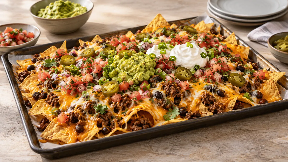 Sheet pan of loaded beef nachos with melted cheese, beans, jalapeños, pico de gallo, guacamole and sour cream