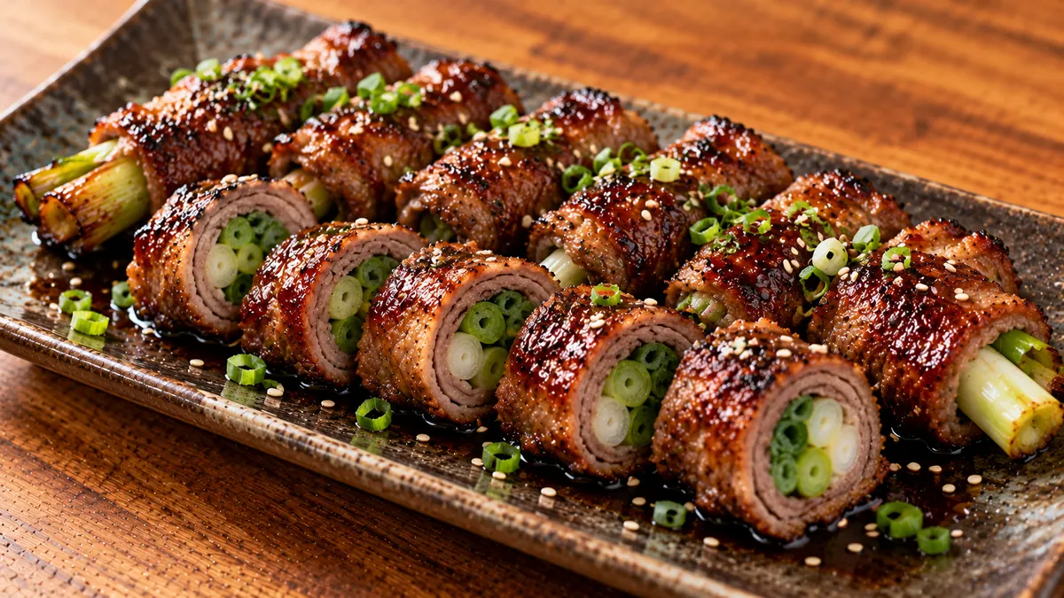 Glazed beef negimaki rolls with green onion centers, sliced on a platter