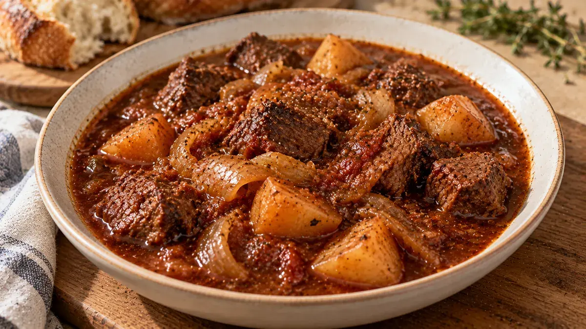 Beef stew with potatoes and onions in a thick reddish-brown gravy